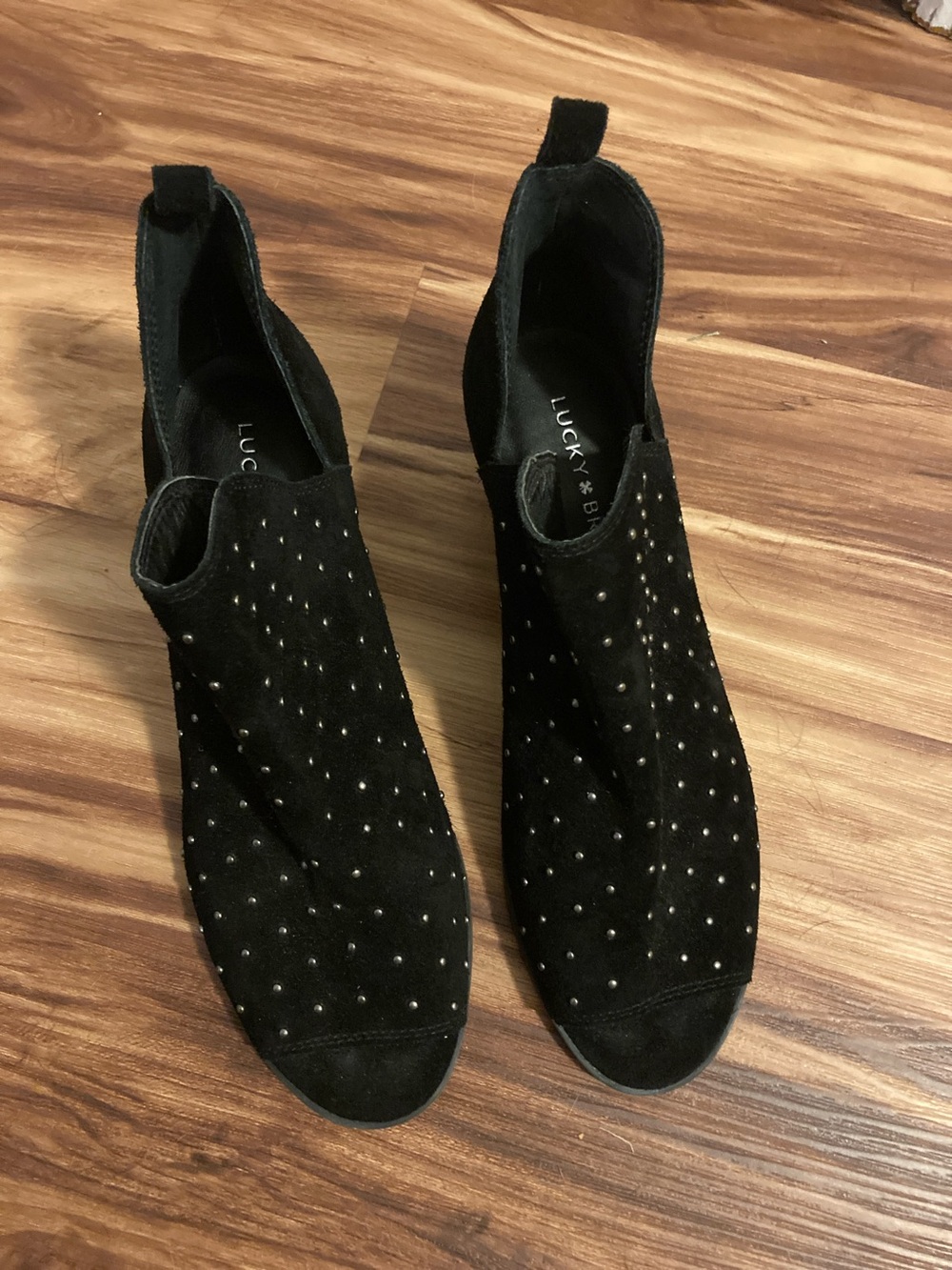 Lucky Brand Black Suede Studded Ankle Booties with Pull Tabs